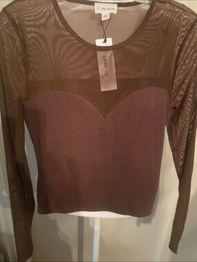 The Drop Brown Mesh & Ribbed Long Sleeve Sweetheart Top